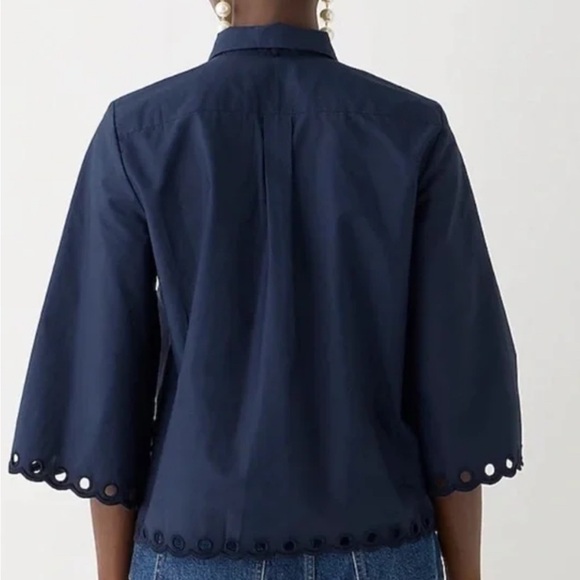 J Crew Collection Top Navy Blue Eyelet Button Blouse Cotton Poplin Shirt Sz M - Picture 2 of 14